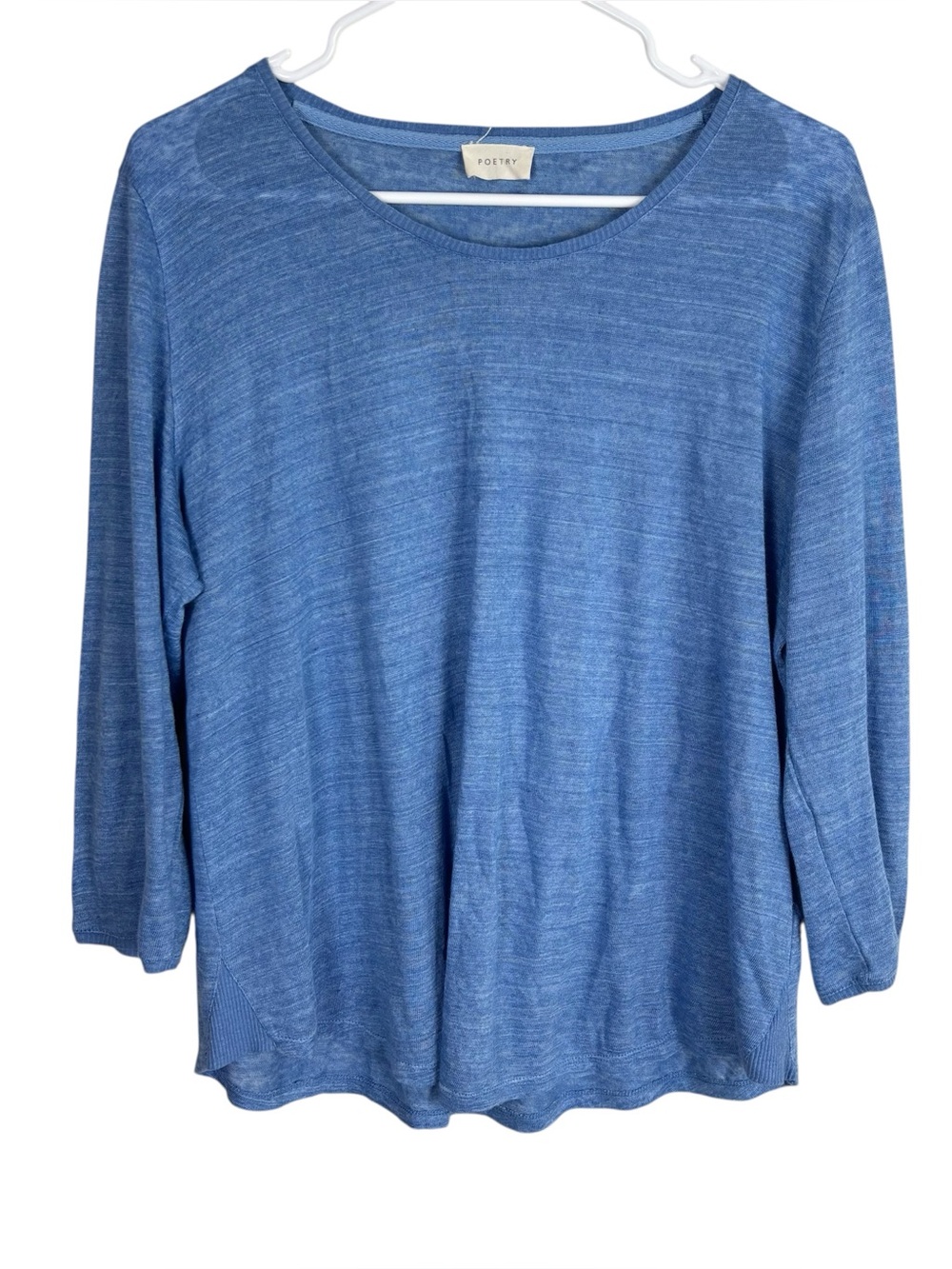 Poetry Round Neck 100% Linen Top Women’s Size US 12 In Blue Bell 3/4 Sleeve VT23
